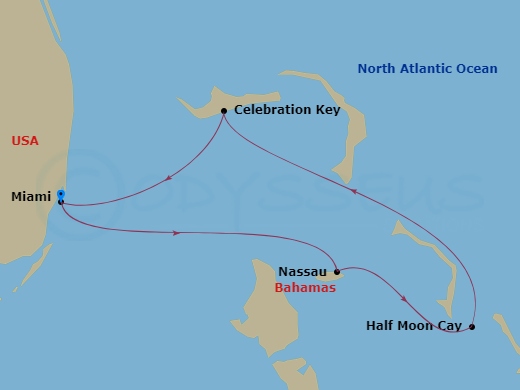 5 Night - Bahamas - Carnival Sunrise - Starting in Miami, Fl, Nassau, Bahamas, Relaxaway, Half Moon Cay, Celebration Key, the Bahamas, Miami, Fl itinerary map