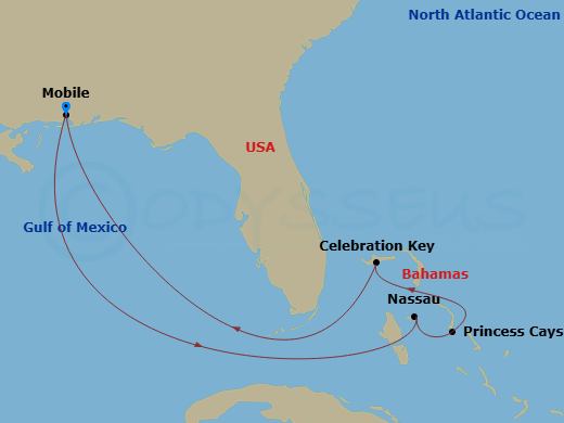 8 Night - Bahamas - Carnival Valor - Starting in Mobile, Al, Nassau, Bahamas, Princess Cays, the Bahamas, Celebration Key, the Bahamas, Mobile, Al itinerary map