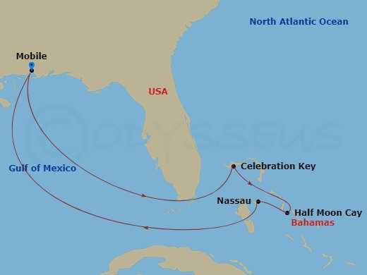 8 Night - Bahamas - Carnival Valor - Starting in Mobile, Al, Celebration Key, the Bahamas, Relaxaway, Half Moon Cay, Nassau, Bahamas, Mobile, Al itinerary map