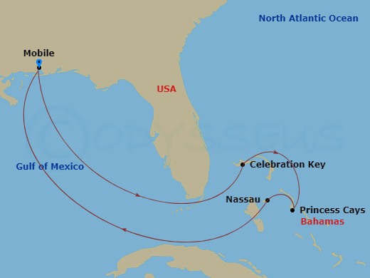 8 Night - Bahamas - Carnival Valor - Starting in Mobile, Al, Celebration Key, the Bahamas, Princess Cays, the Bahamas, Nassau, Bahamas, Mobile, Al itinerary map