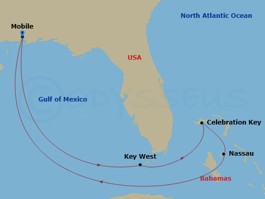 7 Night - Bahamas - Carnival Valor - Starting in Mobile, Al, Key West, FL, Celebration Key, the Bahamas, Nassau, Bahamas, Mobile, Al itinerary map