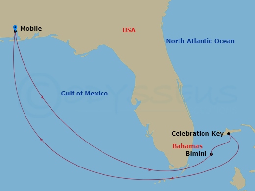 6 Night - Bahamas - Carnival Valor - Starting in Mobile, Al, Bimini, the Bahamas, Celebration Key, the Bahamas, Mobile, Al itinerary map