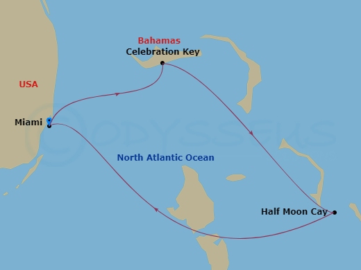 4 Night - Bahamas - Carnival Conquest - Starting in Miami, Fl, Celebration Key, the Bahamas, Relaxaway, Half Moon Cay, Miami, Fl itinerary map