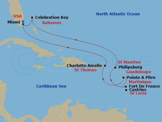 11 Night - Journeys - Southern Caribbean - Carnival Conquest - Starting in Miami, Fl, St Thomas, US Virgin Islands, Guadeloupe, Fwi, St Lucia, Martinique, St Maarten, Celebration Key, the Bahamas, Miami, Fl itinerary map