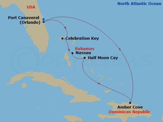 7 Night - Eastern Caribbean - Carnival Vista - Starting in Port Canaveral (Orlando), Fl, Celebration Key, the Bahamas, Nassau, Bahamas, Relaxaway, Half Moon Cay, Amber Cove, Dominican Republic, Port Canaveral (Orlando), Fl itinerary map