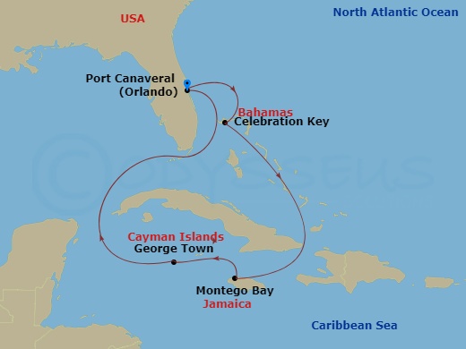 7 Night - Western Caribbean - Carnival Vista - Starting in Port Canaveral (Orlando), Fl, Celebration Key, the Bahamas, Montego Bay, Jamaica, Grand Cayman, Cayman Islands, Port Canaveral (Orlando), Fl itinerary map