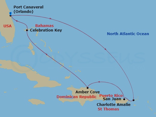 8 Night - Eastern Caribbean - Carnival Vista - Starting in Port Canaveral (Orlando), Fl, St Thomas, US Virgin Islands, San Juan, Puerto Rico, Amber Cove, Dominican Republic, Celebration Key, the Bahamas, Port Canaveral (Orlando), Fl itinerary map