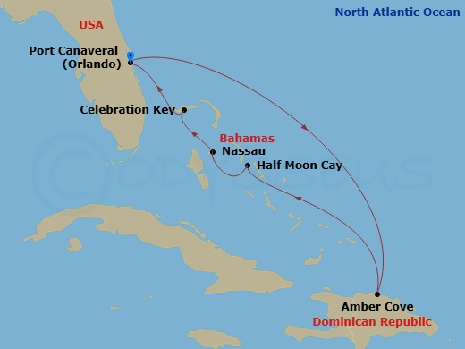 7 Night - Eastern Caribbean - Carnival Vista - Starting in Port Canaveral (Orlando), Fl, Amber Cove, Dominican Republic, Relaxaway, Half Moon Cay, Nassau, Bahamas, Celebration Key, the Bahamas, Port Canaveral (Orlando), Fl itinerary map