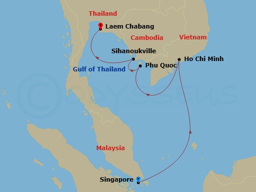 7 Night - A Journey from Dynamic Landscapes to Tropical Harmony - EXPLORA III - Starting in Singapore, Phu My, Phu Quoc, Sihanoukville, Bangkok / Laem Chabang itinerary map