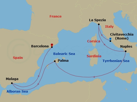 8 Night - Western Mediterranean - Legend of the Seas - Starting in Rome (Civitavecchia), Italy, Florence / Pisa (La Spezia), Italy, Naples, Italy, Palma De Mallorca, Spain, Malaga, Spain, Barcelona, Spain itinerary map