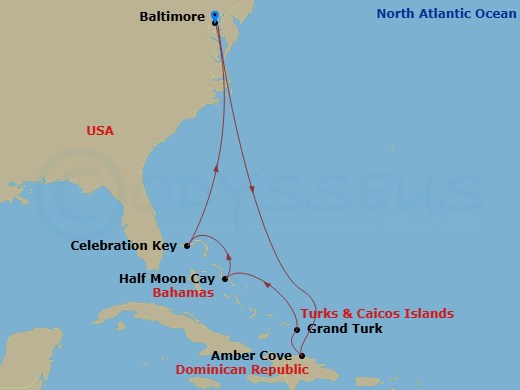 9 Night - Journeys - Eastern Caribbean - Carnival Pride - Starting in Baltimore, MD, Amber Cove, Dominican Republic, Grand Turk, Relaxaway, Half Moon Cay, Celebration Key, the Bahamas, Baltimore, MD itinerary map