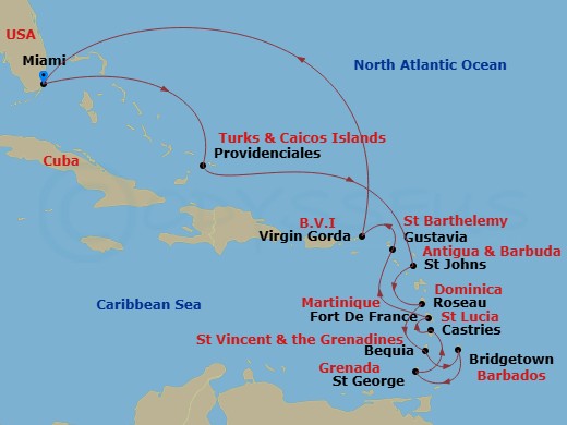 15 Night - An Extended Journey from Sophisticated Harbours to Sun-Soaked Horizons - EXPLORA III - Starting in Miami, Providenciales, St Johns AG, Antigua, Roseau, Bequia, Bridgetown, St Georges, Grenada, Castries, Fort-de-France, Martinique, Gustavia, Spanish Town (Virgin Gorda), Miami itinerary map