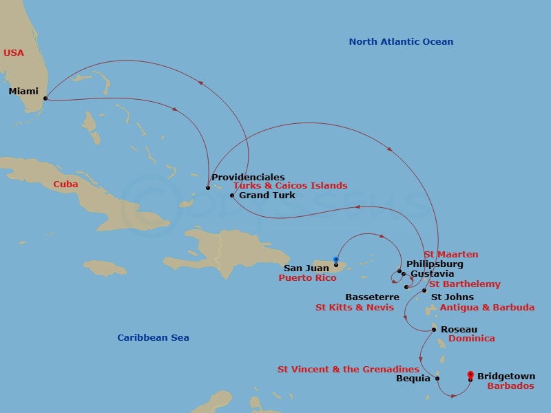 14 Night - An Extended Journey from Ocean Calm to Vibrant Culture - EXPLORA III - Starting in San Juan, St Maarten / Philipsburg, Gustavia, Basseterre, Grand Turk, Miami, Providenciales, St Johns AG, Antigua, Roseau, Bequia, Bridgetown itinerary map