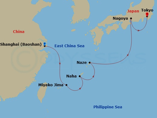 8 Night - A Journey Through Magnificent Urban Allure & Island Serenity - EXPLORA III - Starting in Shanghai, Miyako Jima, Naha, Okinawa, Naze (Amami Islands), Nagoya, Aichi, Tokyo itinerary map