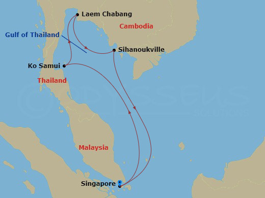 7 Night - A Journey of Tropical Shores & Historic Treasures - EXPLORA III - Starting in Singapore, Koh Samui, Bangkok / Laem Chabang, Sihanoukville, Singapore itinerary map
