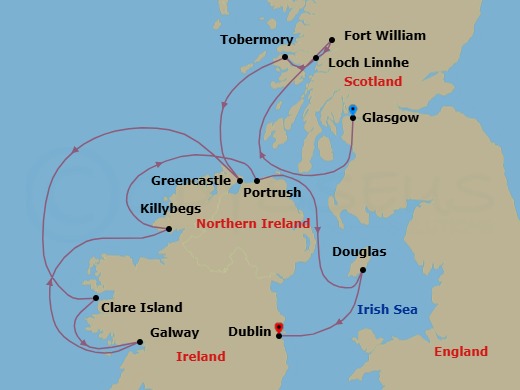 9 Night - Celtic Panoramas - Le Lyrial - Starting in Glasgow, Scotland, Fort William, Sailing on Loch Linnhe, Tobermory, Isle of Mull, Greencastle, Clare Island, Galway, Killybegs, Portrush, Douglas, Dublin itinerary map
