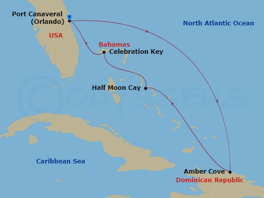 6 Night - Eastern Caribbean - Carnival Festivale - Starting in Port Canaveral (Orlando), Fl, Amber Cove, Dominican Republic, Relaxaway, Half Moon Cay, Celebration Key, the Bahamas, Port Canaveral (Orlando), Fl itinerary map
