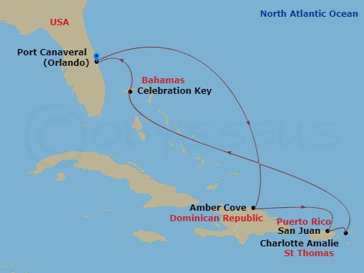 8 Night - Eastern Caribbean - Carnival Festivale - Starting in Port Canaveral (Orlando), Fl, Amber Cove, Dominican Republic, San Juan, Puerto Rico, St Thomas, US Virgin Islands, Celebration Key, the Bahamas, Port Canaveral (Orlando), Fl itinerary map