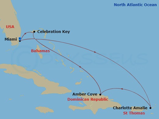 7 Night - Eastern Caribbean - Carnival Celebration - Starting in Miami, Fl, St Thomas, US Virgin Islands, Amber Cove, Dominican Republic, Celebration Key, the Bahamas, Miami, Fl itinerary map