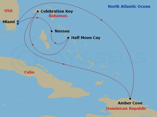 7 Night - Eastern Caribbean - Carnival Celebration - Starting in Miami, Fl, Celebration Key, the Bahamas, Nassau, Bahamas, Relaxaway, Half Moon Cay, Amber Cove, Dominican Republic, Miami, Fl itinerary map