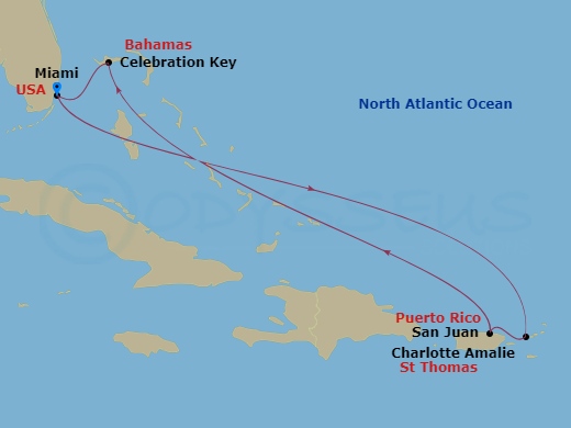 7 Night - Eastern Caribbean - Carnival Celebration - Starting in Miami, Fl, Celebration Key, the Bahamas, St Thomas, US Virgin Islands, Amber Cove, Dominican Republic, Miami, Fl itinerary map