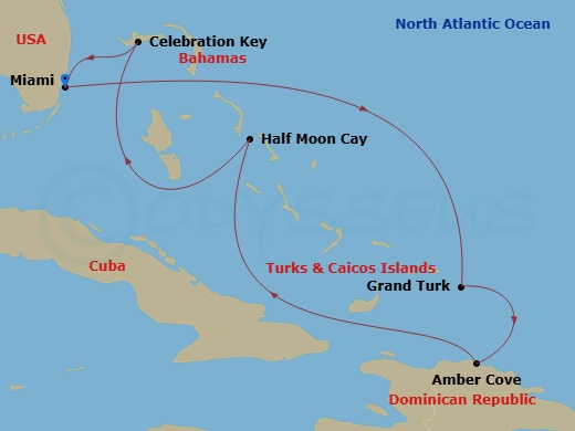 7 Night - Eastern Caribbean - Carnival Celebration - Starting in Miami, Fl, Grand Turk, Amber Cove, Dominican Republic, Relaxaway, Half Moon Cay, Celebration Key, the Bahamas, Miami, Fl itinerary map