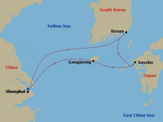 5 Night - Far East - MSC Bellissima - Starting in Shanghai, China, Gangjeong / Jeju Island, South Korea, Sasebo, Japan, Busan, South Korea, Shanghai, China itinerary map