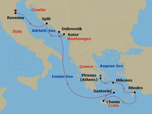 11 Night - Greek Isles & Croatia Cruise - Celebrity Eclipse - Starting in Athens (Piraeus), Greece, Mykonos, Greece, Rhodes, Greece, Chania (Souda), Crete, Greece, Santorini, Greece, Dubrovnik, Croatia, Kotor, Montenegro, Split, Croatia, Ravenna, Italy itinerary map