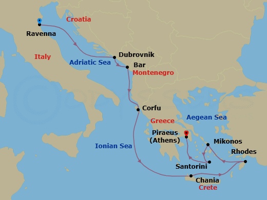 10 Night - Greek Isles & Croatia Cruise - Celebrity Eclipse - Starting in Ravenna, Italy, Dubrovnik, Croatia, Montenegro, Corfu, Greece, Chania (Souda), Crete, Greece, Rhodes, Greece, Mykonos, Greece, Santorini, Greece, Athens (Piraeus), Greece itinerary map