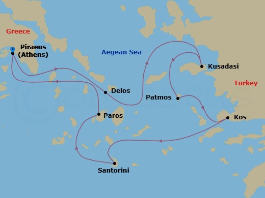 7 Night - Greek Islands & Turkish Coastlines - Emerald Azzurra - Starting in Athens (Piraeus), Greece, Delos, Greece / Mykonos, Greece, Kusadasi, Turkey, Patmos, Greece, Kos, Greece, Santorini, Greece, Paros, Greece, Athens (Piraeus), Greece itinerary map