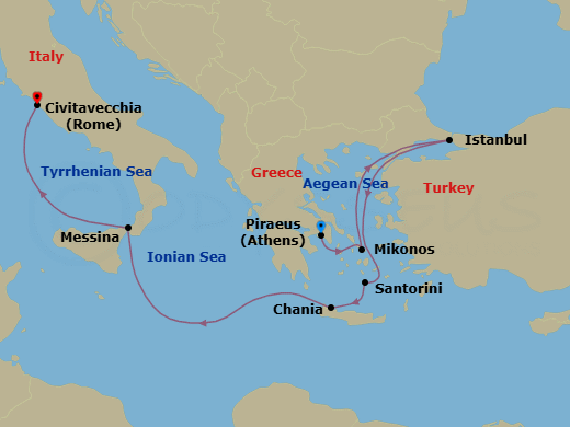 10 Night - Greek Isles : Istanbul Overnight with Santorini - Oosterdam - Starting in Piraeus (Athens), Greece, Mykonos, Greece, Istanbul, Turkey, Thira (Santorini), Greece, Souda (Chania), Greece, Messina, Italy, Civitavecchia (Rome), Italy itinerary map