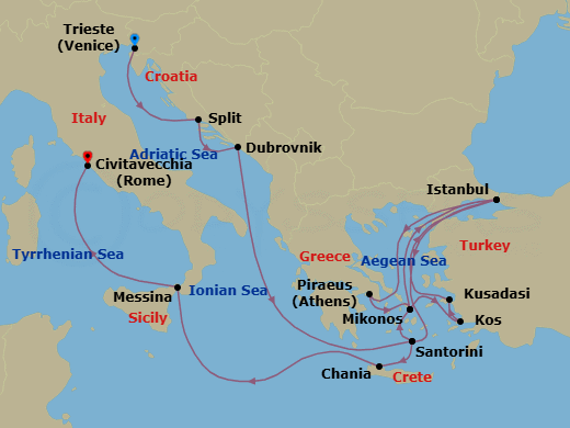 21 Night - Ancient Seas : Adriatic, Greek Isles & Istanbul - Oosterdam - Starting in Trieste (Venice), Italy, Split, Croatia, Dubrovnik, Croatia, Thira (Santorini), Greece, Mykonos, Greece, Kos, Greece, Kusadasi (Ephesus), Turkey, Istanbul, Turkey, Cruising the Dardanelles, Piraeus (Athens), Greece, Mykonos, Greece, Istanbul, Turkey, Thira (Santorini), Greece, Souda (Chania), Greece, Messina, Italy, Civitavecchia (Rome), Italy itinerary map