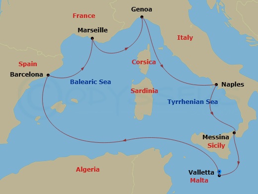 7 Night - Mediterranean - MSC World Europa - Starting in La Valletta, Malta, Barcelona, Spain, Marseille (Provence), France, Genoa (Portofino), Italy, Naples (Pompeii), Italy, Messina (Taormina), Italy, La Valletta, Malta itinerary map