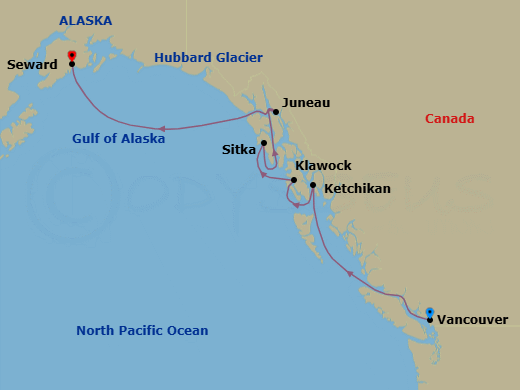 7 Night - A Journey Through Coastal Mists, Placid Waters & Alaskan Adventure - EXPLORA III - Starting in Vancouver, Ketchikan, Klawock, Sitka, Juneau, Sailing the Hubbard Glacier, Seward itinerary map