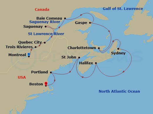 12 Night - Canada & New England Intensive Cruise : Quebec, Halifax & Boston - Azamara Quest - Starting in Montreal, Quebec, Trois-Rivieres, Quebec, Quebec City, Quebec, Scenic Cruising Saguenay Fjord, Saguenay, Quebec, Baie-comeau, Quebec, Gaspe, Quebec, Charlottetown, Prince Edward Island, Sydney NS, Nova Scotia, Halifax, Nova Scotia, Saint John NB, New Brunswick, Portland ME, Boston, Massachusetts itinerary map