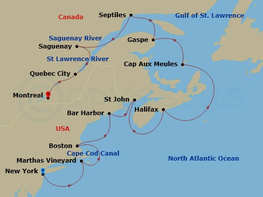12 Night - Canada & New England Intensive Cruise : Boston, Halifax & Quebec - Azamara Quest - Starting in New York City, New York, Marthas Vineyard, Massachusetts, Cape Cod Canal Cruising, Boston, Massachusetts, Bar Harbor, Maine, Saint John NB, New Brunswick, Halifax, Nova Scotia, Cap-aux-meules, Magdalen Islands, Gaspe, Quebec, Sept-iles, Quebec, Cruise Saguenay River, Saguenay, Quebec, Quebec City, Quebec, Montreal, Quebec itinerary map