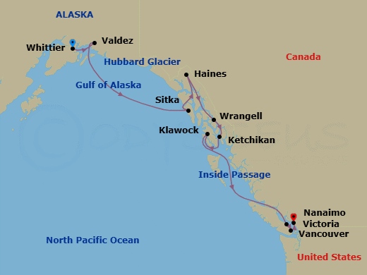 11 Night - Alaska Cruise : Hubbard Glacier, Sitka & Haines - Azamara Pursuit - Starting in Whittier, Alaska, Valdez, Alaska, Cruise Hubbard Glacier, Sitka, Alaska, Haines, Alaska, Wrangell, Ketchikan (Ward Cove), Alaska, Klawock, Alaska, Nanaimo, British Columbia, Victoria CA, Canada, Vancouver, British Columbia itinerary map