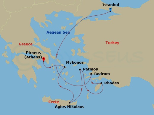 7 Night - A Journey of Ancient Echoes & Island Grace - EXPLORA II - Starting in Istanbul, Bodrum, Rhodes, Patmos, Agios Nikolaos (Crete), Mykonos, Piraeus (Athens) itinerary map