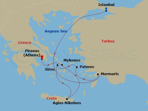 7 Night - A Journey Through a Tapestry of Serenity & Island Delights - EXPLORA II - Starting in Istanbul, Marmaris, Patmos, Syros (Syra), Agios Nikolaos (Crete), Mykonos, Piraeus (Athens) itinerary map