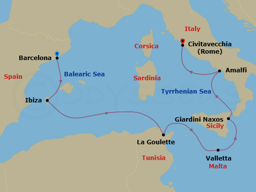 7 Night - A Journey of Iconic Islands & Coastal Wonders - EXPLORA I - Starting in Barcelona, Ibiza, Tunis / La Goulette, La Valletta, Giardini Naxos, Amalfi, Civitavecchia (Rome) itinerary map