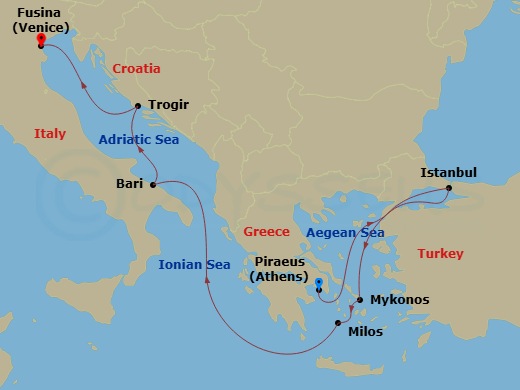 9 Night - A Journey from Mythic Shores to Adriatic Jewels - EXPLORA II - Starting in Piraeus (Athens), Istanbul, Mykonos, Milos, Bari, Trogir, Fusina (Venice) itinerary map