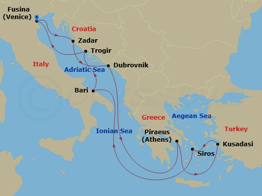 10 Night - A Journey Through Adriatic Gems & Historical Riches - EXPLORA II - Starting in Fusina (Venice), Zadar, Dubrovnik, Croatia, Piraeus (Athens), Kusadasi, Syros (Syra), Bari, Trogir, Fusina (Venice) itinerary map