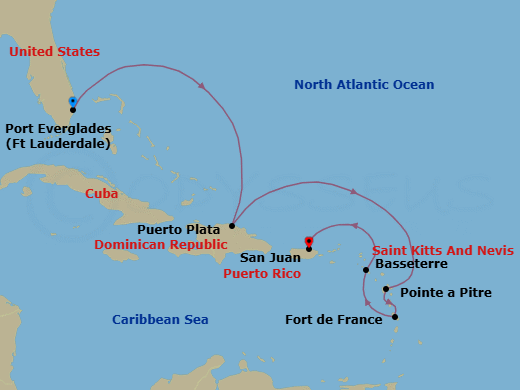 7 Night - The Americas & Caribbean - Crystal Serenity - Starting in Fort Lauderdale, Puerto Plata, Dominican Republic, Pointe-a-Pitre, French West Indies, Fort-de-France, St Kitts (Basseterre), San Juan itinerary map