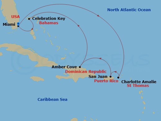 8 Night - Eastern Caribbean - Carnival Celebration - Starting in Miami, Fl, St Thomas, US Virgin Islands, San Juan, Puerto Rico, Amber Cove, Dominican Republic, Celebration Key, the Bahamas, Miami, Fl itinerary map