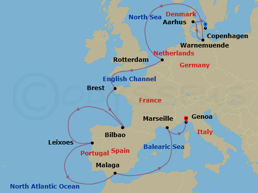 14 Night - Northern Europe - MSC Magnifica - Starting in Copenhagen, Denmark, Aarhus, Denmark, Warnemunde (Berlin), Germany, Rotterdam (Amsterdam), Netherlands, Brest, France, Bilbao, Spain, Leixoes (Porto), Portugal, Malaga (Granada), Spain, Marseille (Provence), France, Genoa (Portofino), Italy itinerary map
