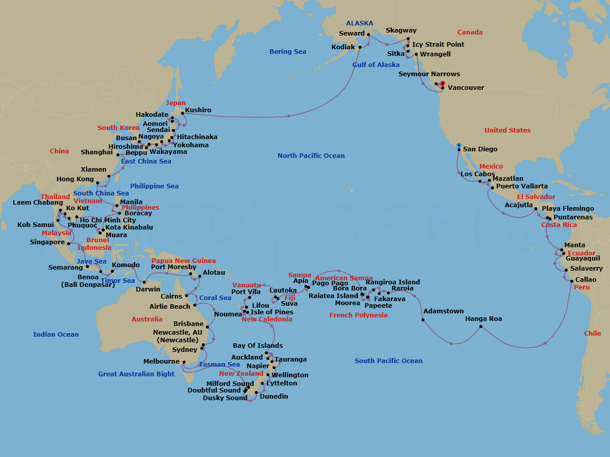 139 Night - World Cruise - Crystal Serenity - Starting in San Diego, Cabo San Lucas (Baja California Sur), Mazatlan, Puerto Vallarta, Acajutla, Playa Flamingo, Puntarenas, Manta, Guayaquil, Salaverry, Lima (Callao), Hanga Roa, Adamstown (Sightseeing Only), Raroia, Fakarava, Rangiroa, Papeete (Tahiti), Moorea Island, Raiatea, Bora Bora (Society Islands), Pago Pago, Date Line lose a day, Apia, Suva, Lautoka, Port Vila, Lifou, Noumea, Pine Island, Bay of Islands, Auckland, Tauranga, Napier, Wellington, Lyttelton (Christchurch), Dunedin (Port Chalmers), Cruising Doubtful Sound, Cruising Milford Sound, Cruising Dusky Sound, Melbourne, Sydney AU, Newcastle AU, Brisbane, Airlie Beach, Cairns, Alotau, Port Moresby, Darwin, Komodo Island, Bali, Semarang (Gateway for Borobudur), Singapore, Koh Samui, Laem Chabang, Ko Kut, Phu Quoc, Ho Chi Minh City, Muara, Kota Kinabalu, Boracay, Manila, Hong Kong, Xiamen, Shanghai, Busan, Hiroshima, Beppu (Kyushu Island), Wakayama, Nagoya, Yokohama (Tokyo), Hitachinaka, Sendai, Hakodate (Hokkaido), Aomori, Kushiro, Date Line gain a day, Kodiak Island, Alaska, Seward, Cruise Hubbard Glacier, Alaska, Skagway, Alaska, Icy Strait Point, Alaska, Sitka, Alaska, Wrangell, Seymour Narrows, British Columbia, Vancouver itinerary map