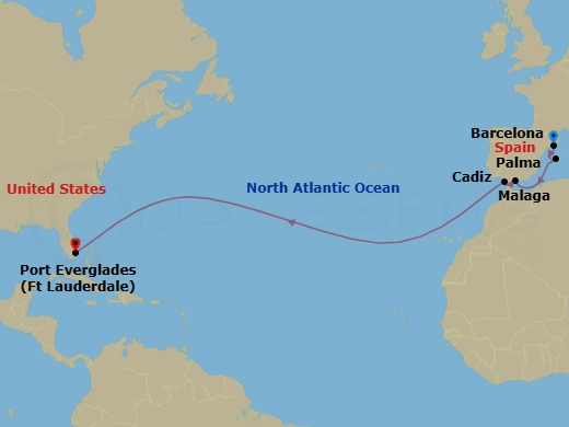 13 Night - Spanish Transatlantic Cruise - Legend of the Seas - Starting in Barcelona, Spain, Palma De Mallorca, Spain, Malaga, Spain, Seville (Cadiz), Spain, Fort Lauderdale, Florida itinerary map