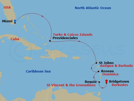 7 Night - A Journey of Soft Sands, Azure Waters & Sun-Drenched Shores - EXPLORA III - Starting in Miami, Providenciales, St Johns AG, Antigua, Roseau, Bequia, Bridgetown itinerary map