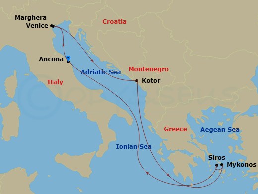 7 Night - Mediterranean - MSC Lirica - Starting in Ancona (Urbino), Italy, Venice / Marghera, Italy, Kotor, Montenegro, Mykonos, Greece, Syros, Greece, Ancona (Urbino), Italy itinerary map