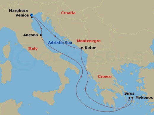 7 Night - Mediterranean - MSC Lirica - Starting in Venice / Marghera, Italy, Kotor, Montenegro, Mykonos, Greece, Syros, Greece, Ancona (Urbino), Italy, Venice / Marghera, Italy itinerary map